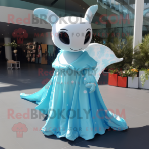 Cyan Manta Ray mascot costume character dressed with a Wedding Dress and Hair clips