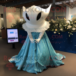 Cyan Manta Ray mascot costume character dressed with a Wedding Dress and Hair clips