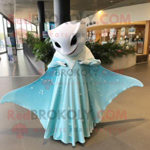 Cyan Manta Ray mascot costume character dressed with a Wedding Dress and Hair clips
