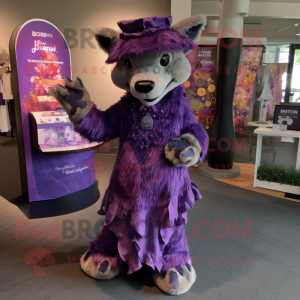 Purple Hyena mascot costume character dressed with a Midi Dress and Hat pins