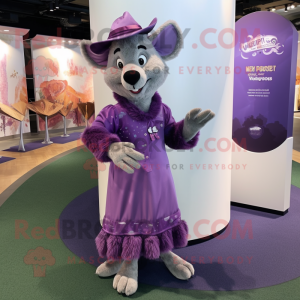 Purple Hyena mascot costume character dressed with a Midi Dress and Hat pins