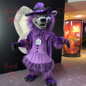 Purple Hyena mascot costume character dressed with a Midi Dress and Hat pins