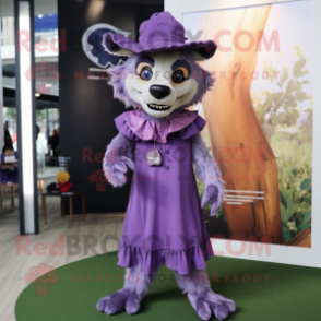 Purple Hyena mascot costume character dressed with a Midi Dress and Hat pins