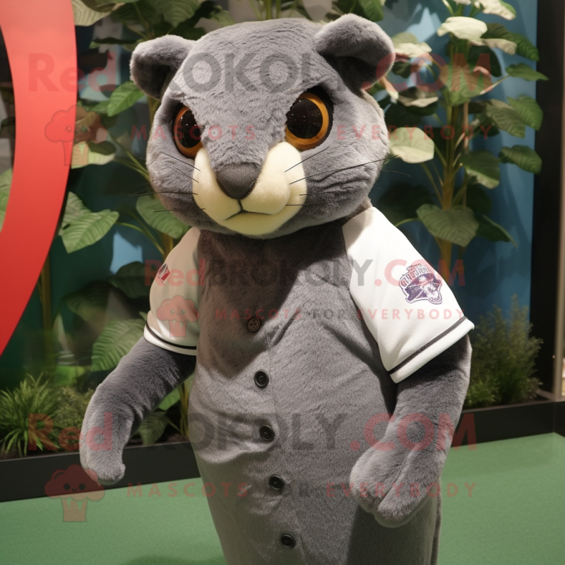 Gray Jaguarundi mascot costume character dressed with a Baseball Tee and Shawls Gray Jaguarundi mascot costume character dressed with a Baseball Tee and Shawls