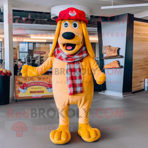 Gold Hot Dogs mascot costume character dressed with a Flannel Shirt and Hat pins