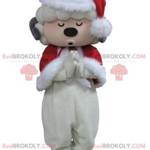 Biała owca maskotka przebrana za Świętego Mikołaja -