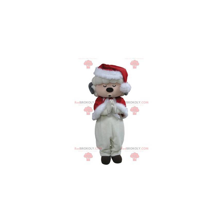 Mascotte di pecora bianca vestita da Babbo Natale -