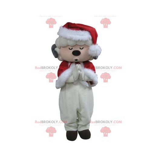 Biała owca maskotka przebrana za Świętego Mikołaja -