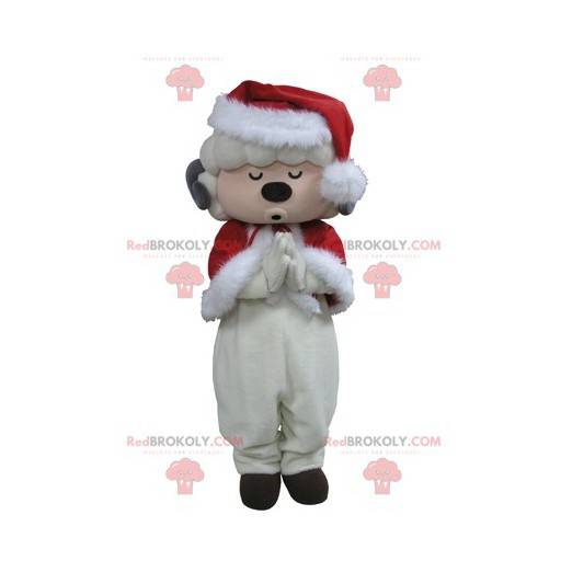 Mascotte di pecora bianca vestita da Babbo Natale -