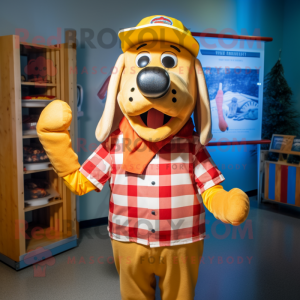 Gold Hot Dogs mascot costume character dressed with a Flannel Shirt and Hat pins