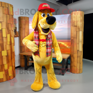 Gold Hot Dogs mascot costume character dressed with a Flannel Shirt and Hat pins
