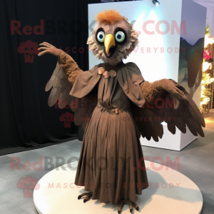 Brown Harpy mascot costume character dressed with a Evening Gown and Rings