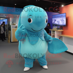 Turquoise Humpback Whale mascot costume character dressed with a Culottes and Mittens