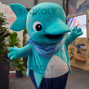 Turquoise Humpback Whale mascot costume character dressed with a Culottes and Mittens