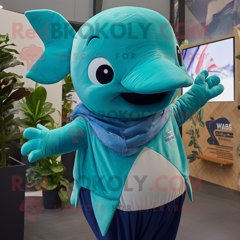 Turquoise Humpback Whale mascot costume character dressed with a Culottes and Mittens Turquoise Humpback Whale mascot costume character dressed with a Culottes and Mittens