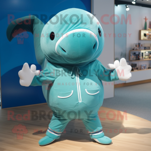 Turquoise Humpback Whale mascot costume character dressed with a Culottes and Mittens