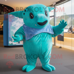 Turquoise Humpback Whale mascot costume character dressed with a Culottes and Mittens