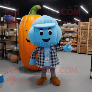 Sky Blue Pumpkin mascot costume character dressed with a Flannel Shirt and Keychains