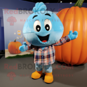 Sky Blue Pumpkin mascot costume character dressed with a Flannel Shirt and Keychains