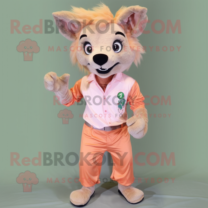 Peach Hyena mascot costume character dressed with a Capri Pants and Pocket squares