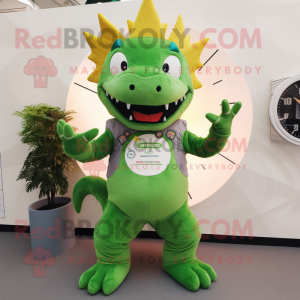Green Stegosaurus mascot costume character dressed with a Dungarees and Digital watches