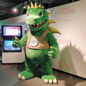 Green Stegosaurus mascot costume character dressed with a Dungarees and Digital watches