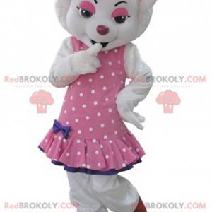 Maskot bílý vlk oblečený v růžových šatech s puntíky -