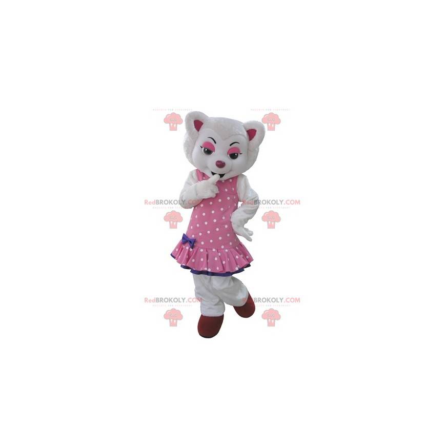 White wolf mascot dressed in a pink dress with polka dots -