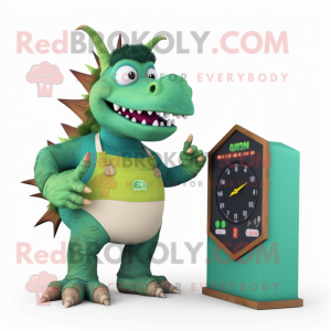 Green Stegosaurus mascot costume character dressed with a Dungarees and Digital watches