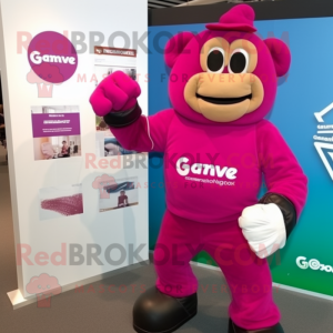 Magenta Boxing Glove mascot costume character dressed with a Polo Tee and Watches