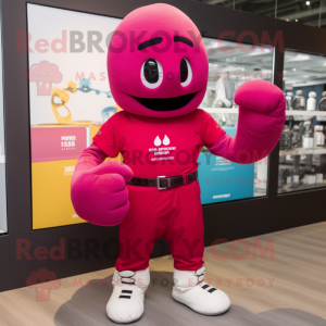 Magenta Boxing Glove mascot costume character dressed with a Polo Tee and Watches