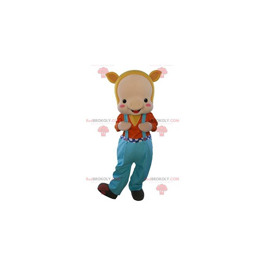 Beige Schweinemaskottchen in Overalls gekleidet - Redbrokoly.com