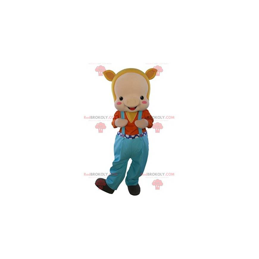 Mascote porco bege vestido de macacão - Redbrokoly.com