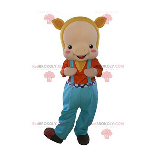 Beige varken mascotte gekleed in overall - Redbrokoly.com