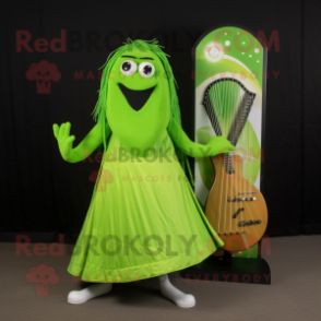 Lime Green Celtic Harp mascot costume character dressed with a Circle Skirt and Foot pads
