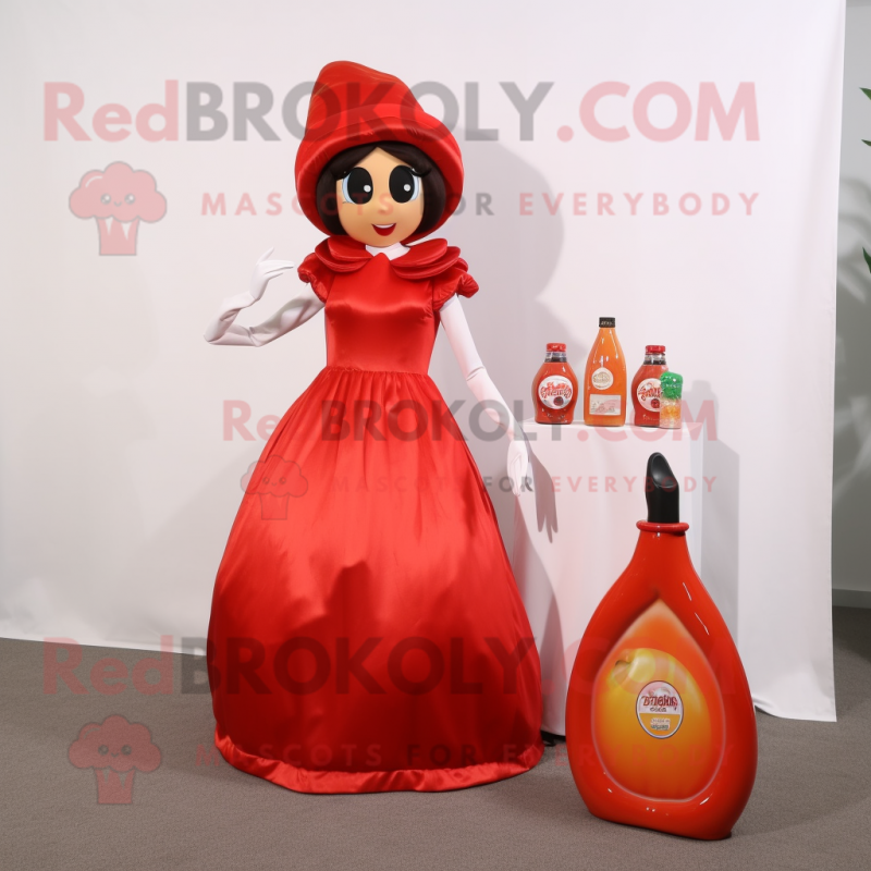 Peach Bottle Of Ketchup mascot costume character dressed with a Evening Gown and Coin purses