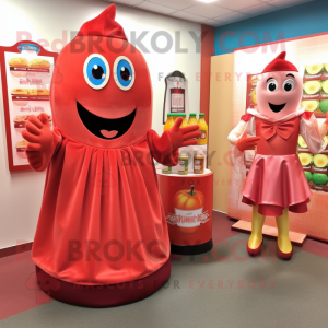 Peach Bottle Of Ketchup mascot costume character dressed with a Evening Gown and Coin purses