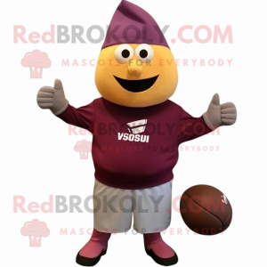 Maroon Squash mascot costume character dressed with a Henley Shirt and Beanies
