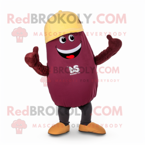 Maroon Squash mascot costume character dressed with a Henley Shirt and Beanies