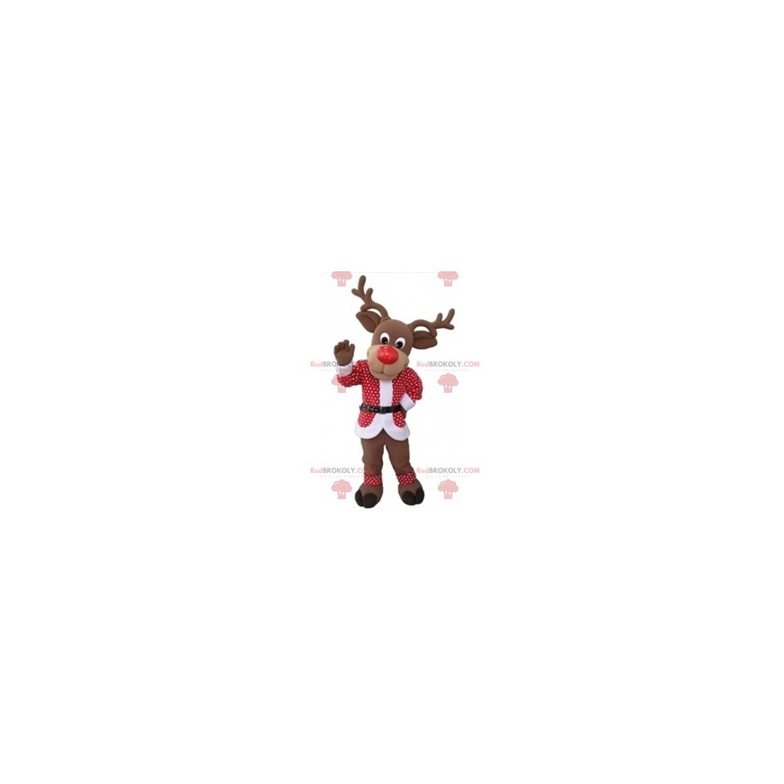 Christmas reindeer mascot with a red and white outfit -