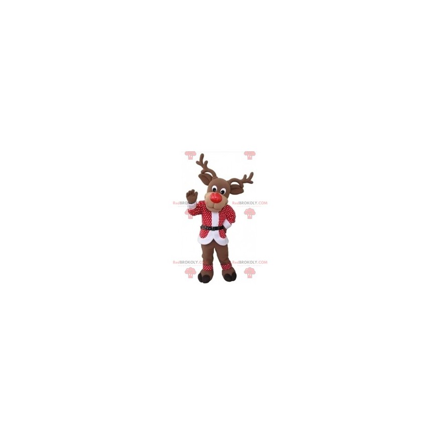 Mascota de renos navideños con un traje rojo y blanco -