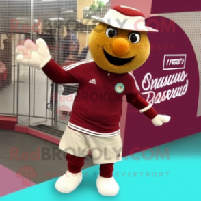 Maroon Squash mascot costume character dressed with a Henley Shirt and Beanies