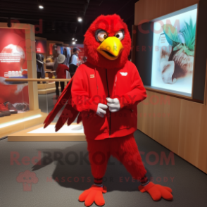 Red Crow mascot costume character dressed with a Hoodie and Anklets