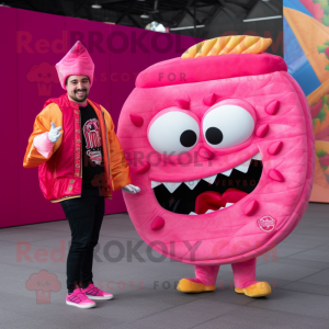 Pink Tacos mascot costume character dressed with a Jacket and Hairpins