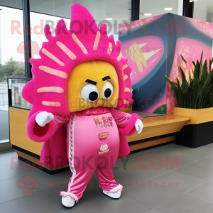 Pink Tacos mascot costume character dressed with a Jacket and Hairpins