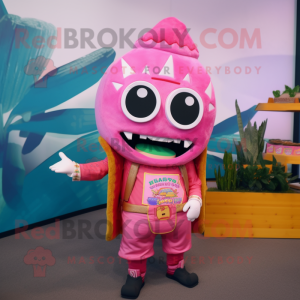 Pink Tacos mascot costume character dressed with a Jacket and Hairpins