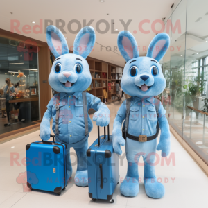 Sky Blue Rabbit mascot costume character dressed with a Boyfriend Jeans and Briefcases