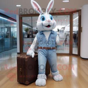 Sky Blue Rabbit mascot costume character dressed with a Boyfriend Jeans and Briefcases