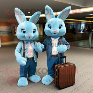 Sky Blue Rabbit mascot costume character dressed with a Boyfriend Jeans and Briefcases