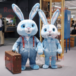 Sky Blue Rabbit mascot costume character dressed with a Boyfriend Jeans and Briefcases